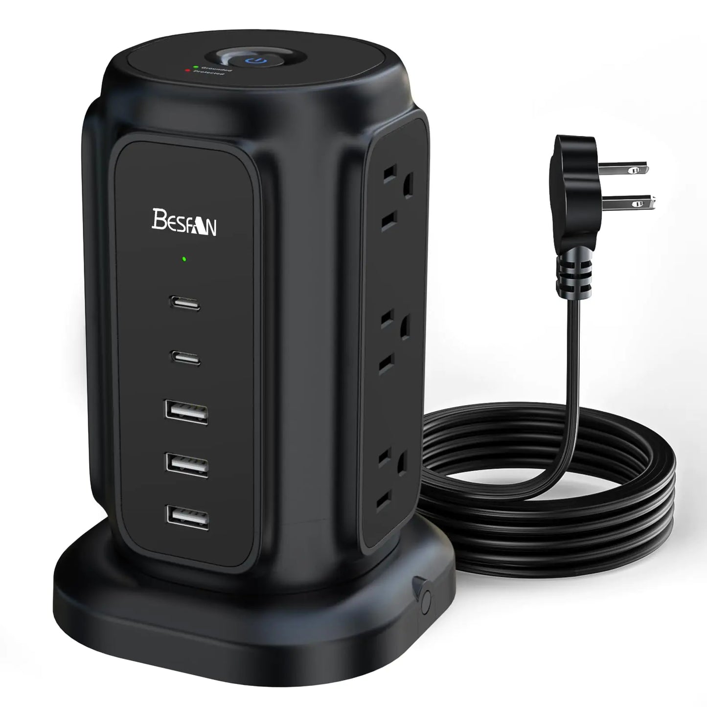 Flat Plug Power Strip Tower with 2 USB-C and 3 USB-A Ports 6.5 FT