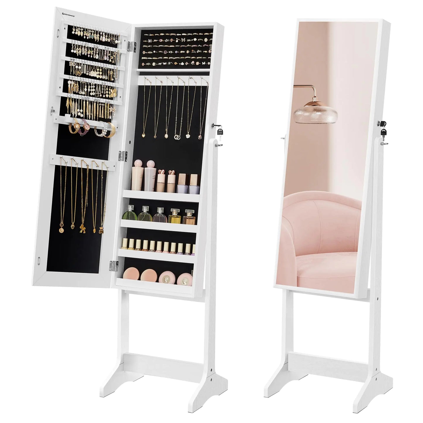 SONGMICS Mirror Jewelry Cabinet Armoire Standing Full-Length Mirror Lockable Jewelry Organizer