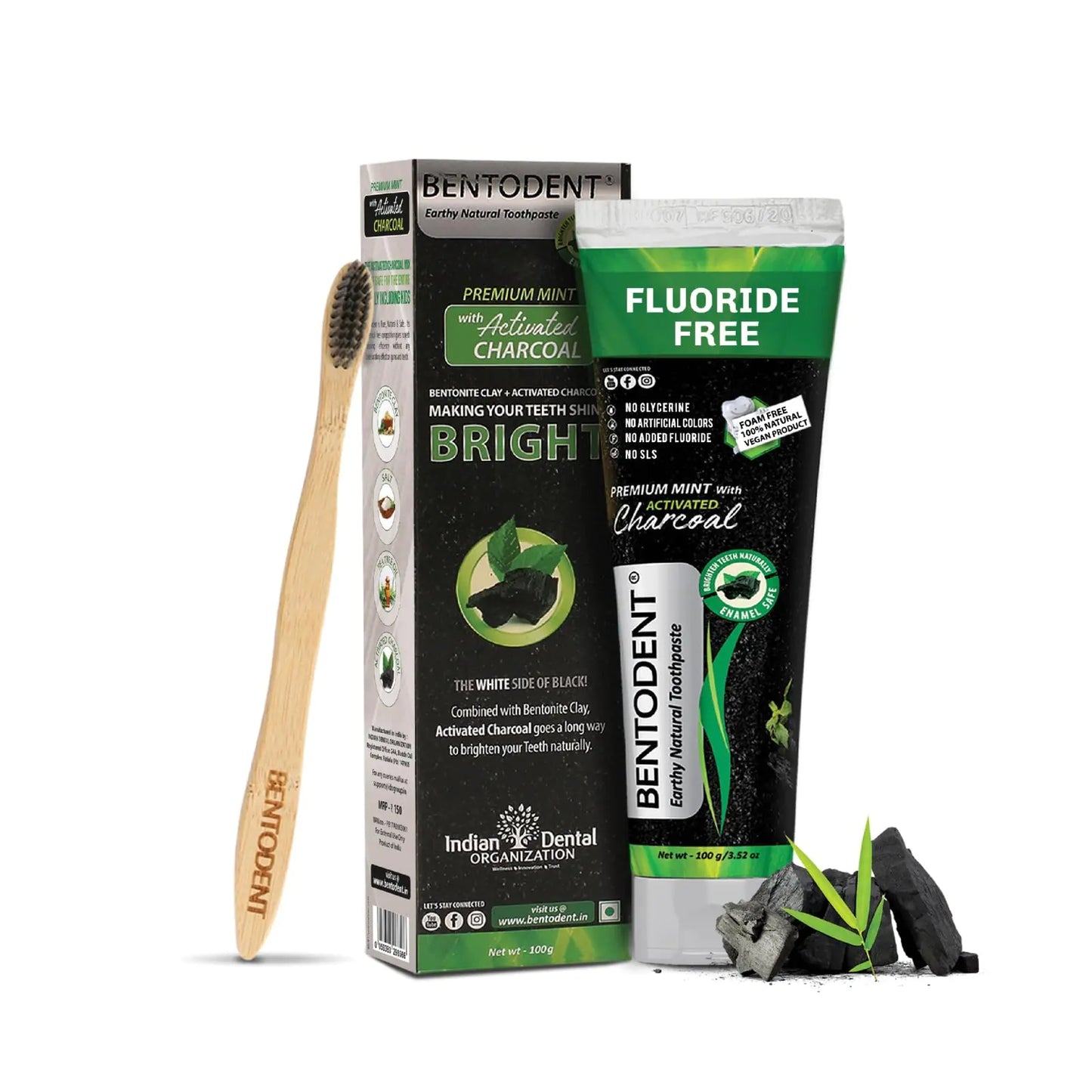 BENTODENT Fluoride Free Organic Charcoal Toothpaste with Bentonite Clay for Teeth Whitening