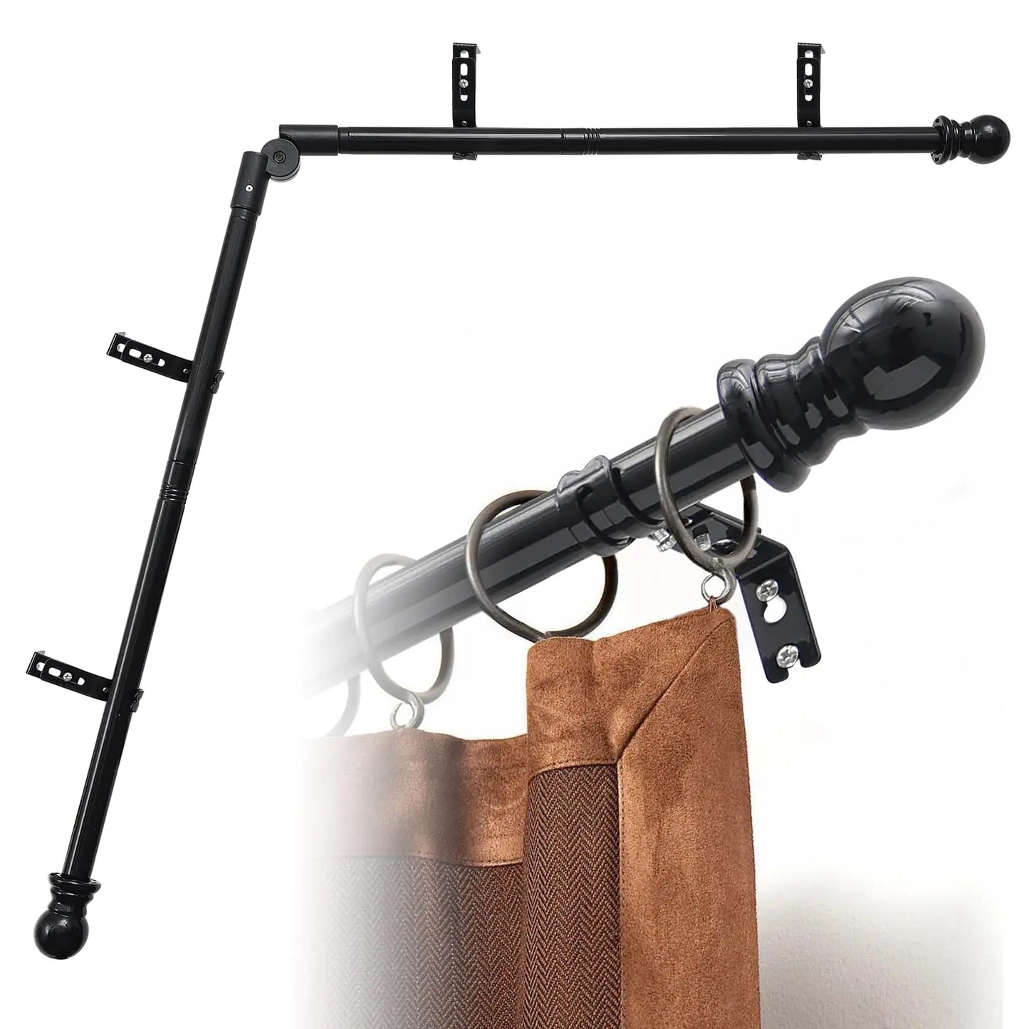 Corner Window Curtain Rod 1" L-Shaped Curtain Rod 36-136" Adjustable with 180°