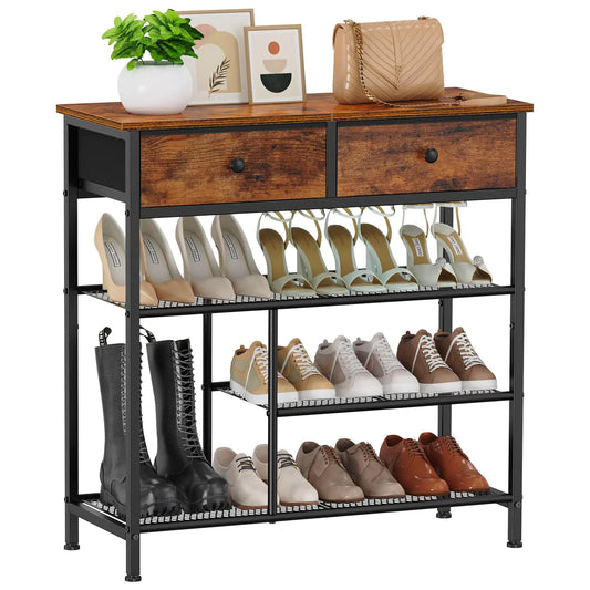 Snughome Shoe Rack 4 Tier Shoe Storage Organizer with 2 Drawers Shoe Storage Shelves with Sturdy Wooden Top and Metal Shelves Free Standing Shoe Rack for Entryway Closet