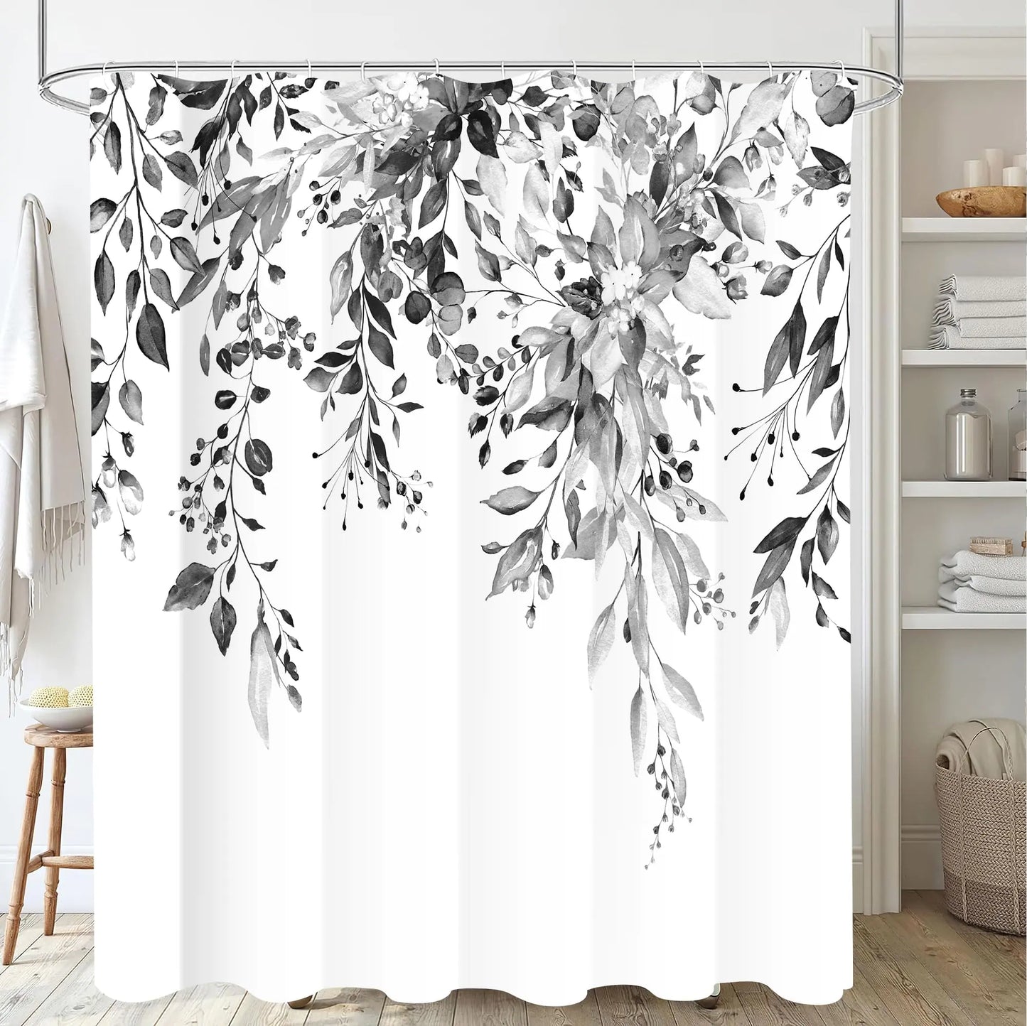 Nuseiis Black White Eucalyptus Leaves Shower Curtains