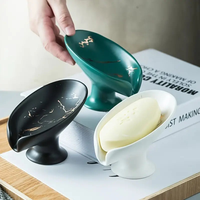 Marbled Ceramic Leaf-Shaped Soap Dish for Bathroom