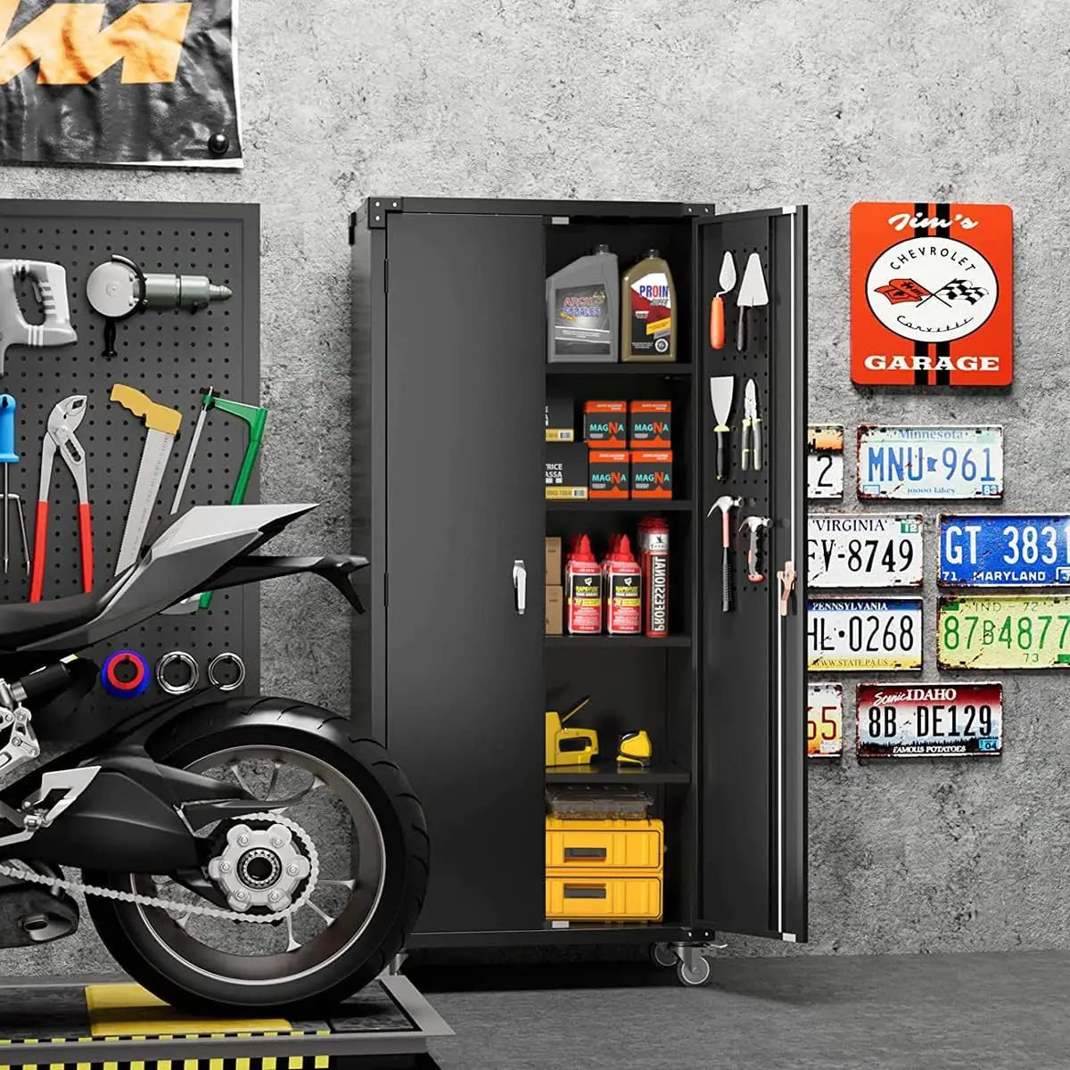 Garage Storage Cabinet With Wheels & Pegboard