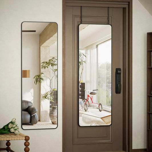 Full Length Mirror 14" x 48" Over The Door Mirror Aluminum Alloy Large Hanging Mirrors Wall Mounted Body Dressing Mirror for Bedroom Living Room Bathroom Black