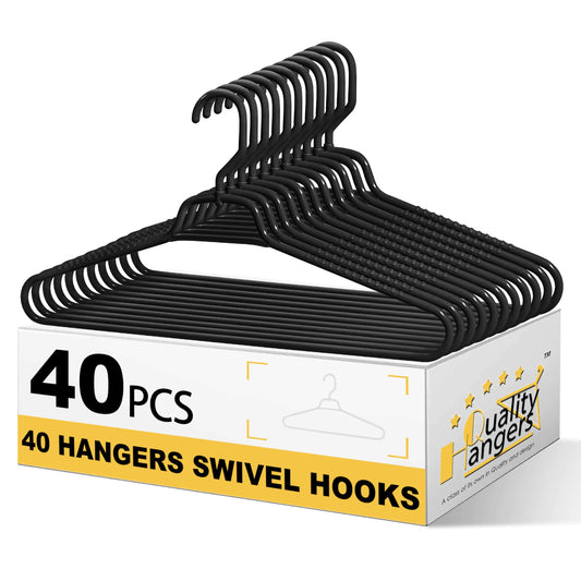 Quality Hangers Heavy Duty Black Plastic Hangers 40-Pack with Swivel Hook | 7mm Thick Non Slip