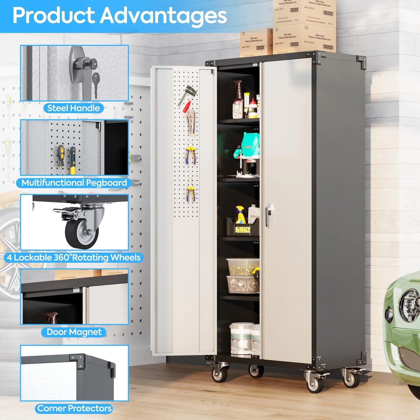 72 Inch Garage Storage Cabinet With Pegboard And Wheels