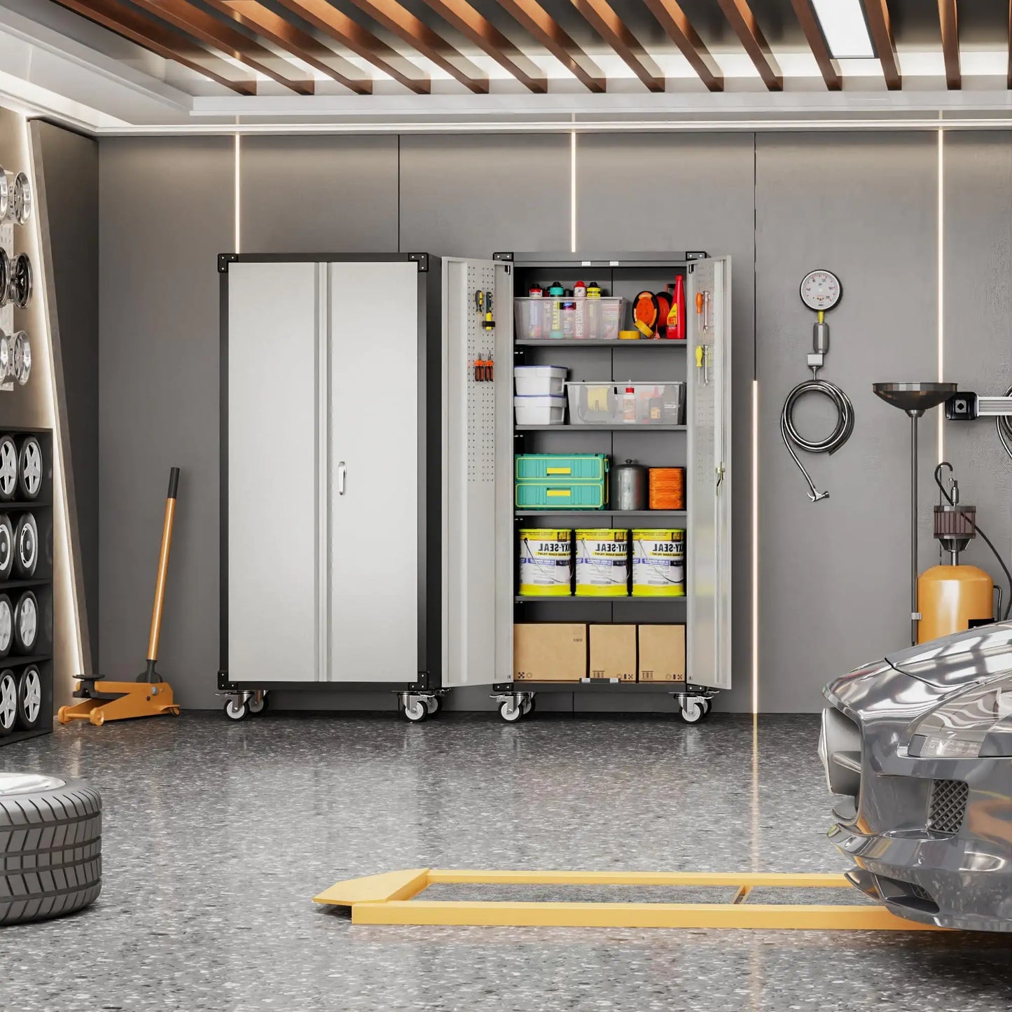 72 Inch Garage Storage Cabinet With Pegboard And Wheels