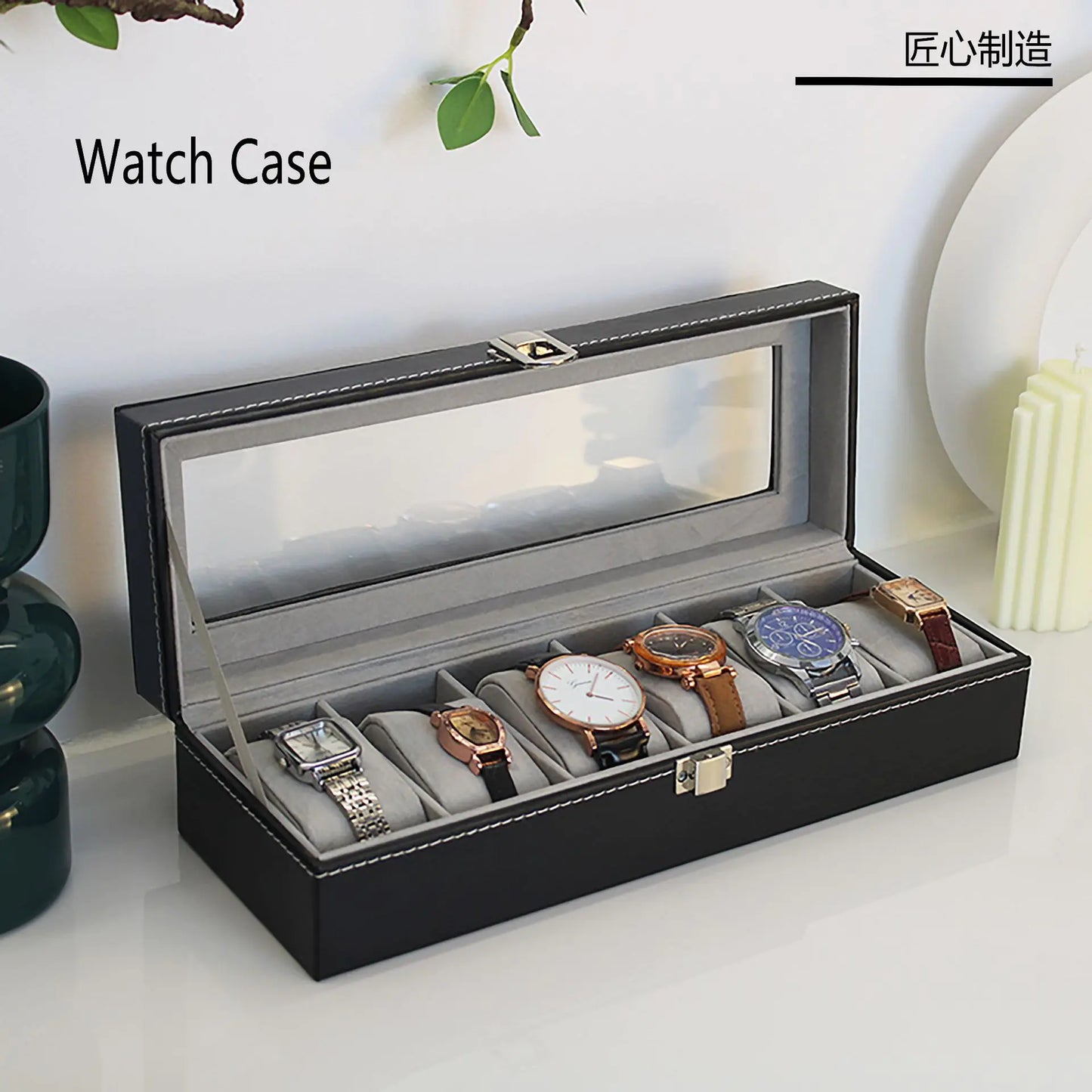 PU Leather 6-Compartment Watch Jewelry Organizer Box
