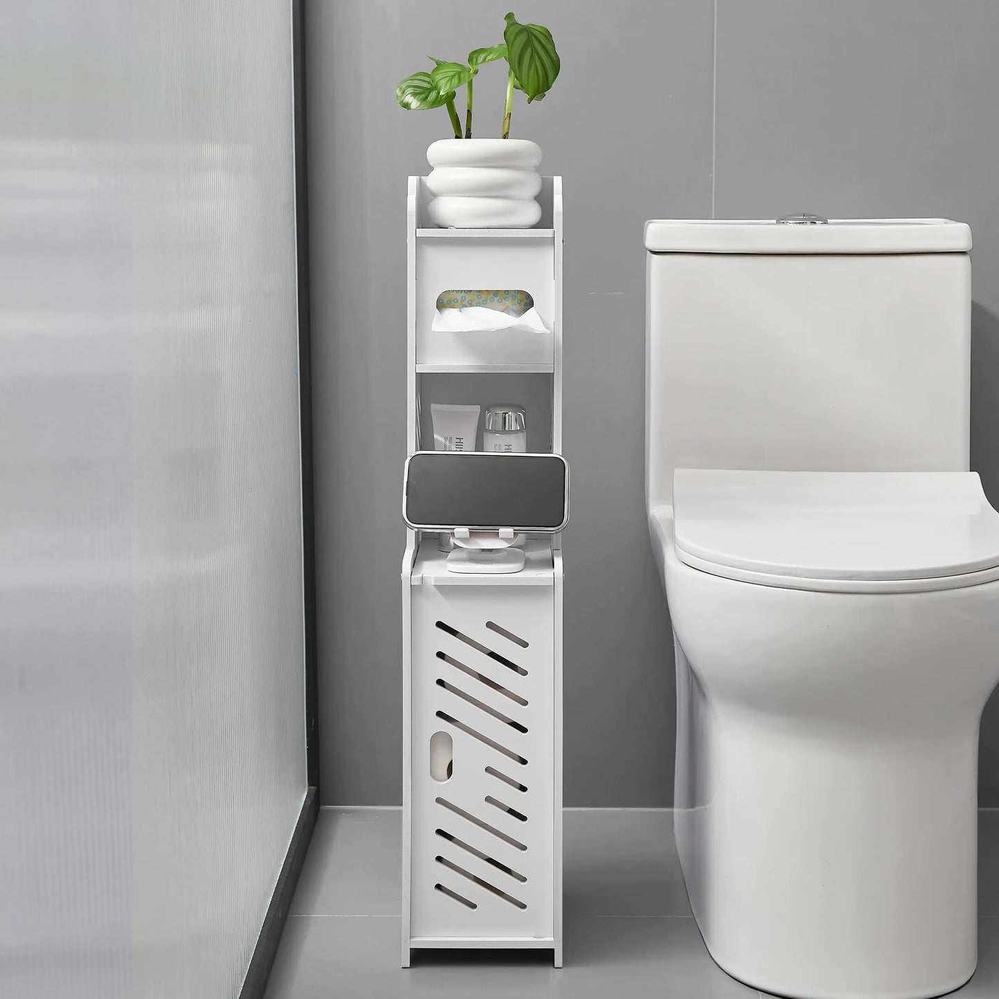 Doxo White Toilet Paper Holder Stand Slim Bathroom Organizers and Storage Cabinet for Small Space (White)