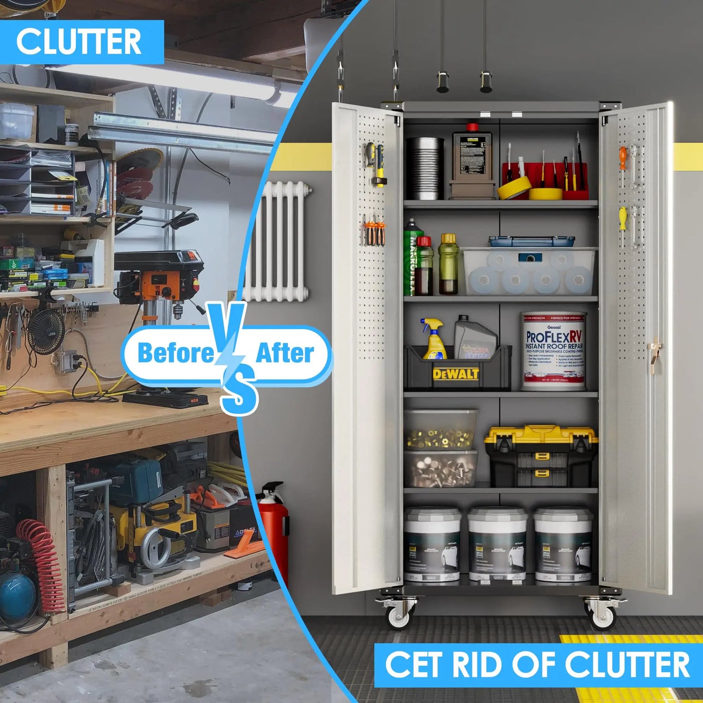 72 Inch Garage Storage Cabinet With Pegboard And Wheels