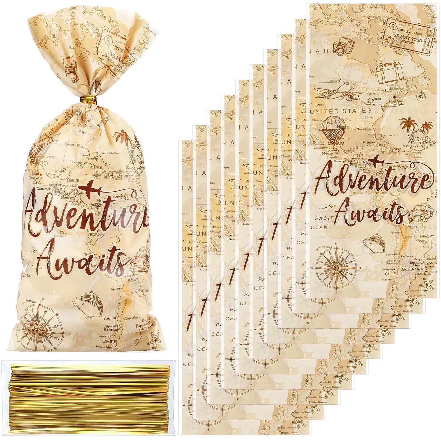 Frienda 100 Pcs Adventure Awaits Cellophane Treat Bags