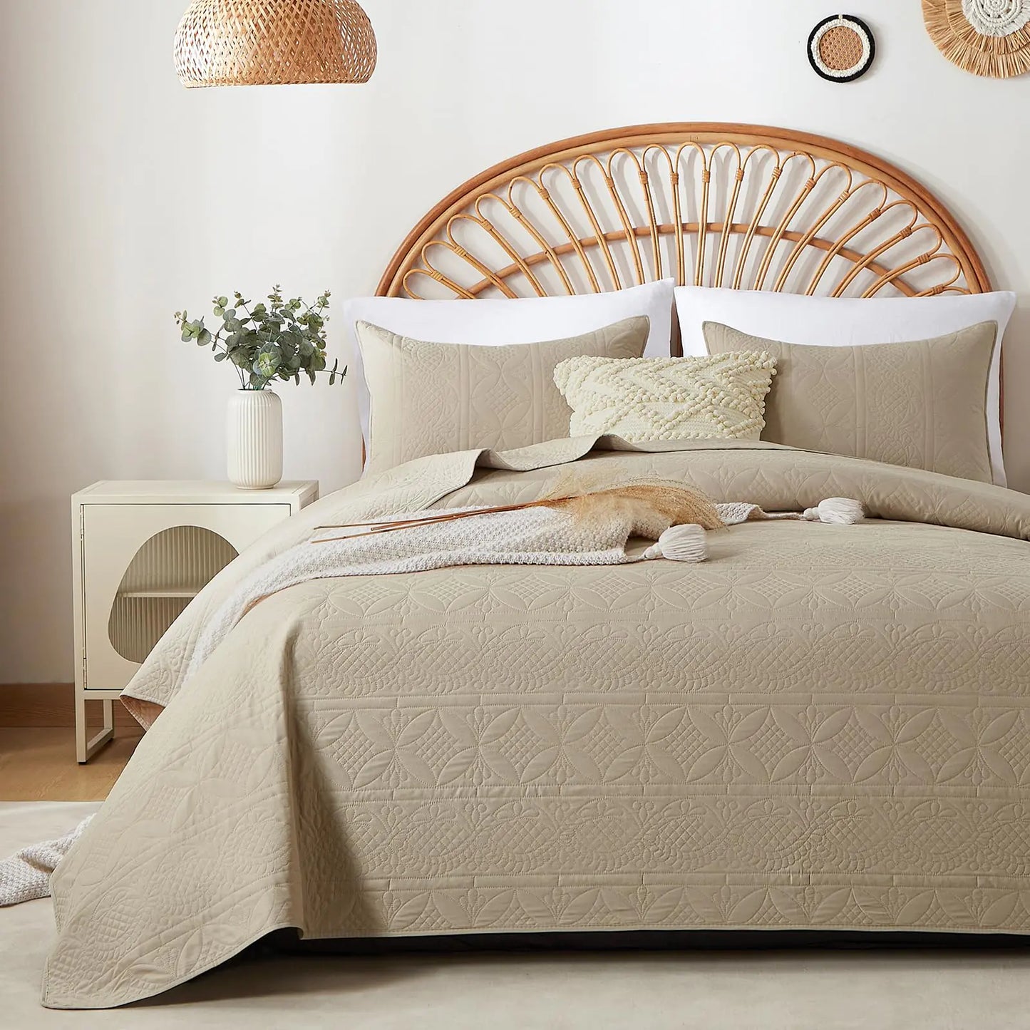 KAKKI Beige Quilt Set King Size Bohemian King Quilt Set