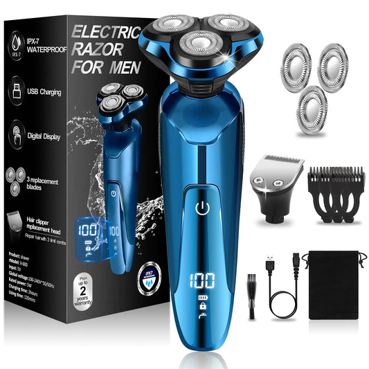 Men’s Electric Shavers Rotary 100% Waterproof Cordless Razor Wet/Dry