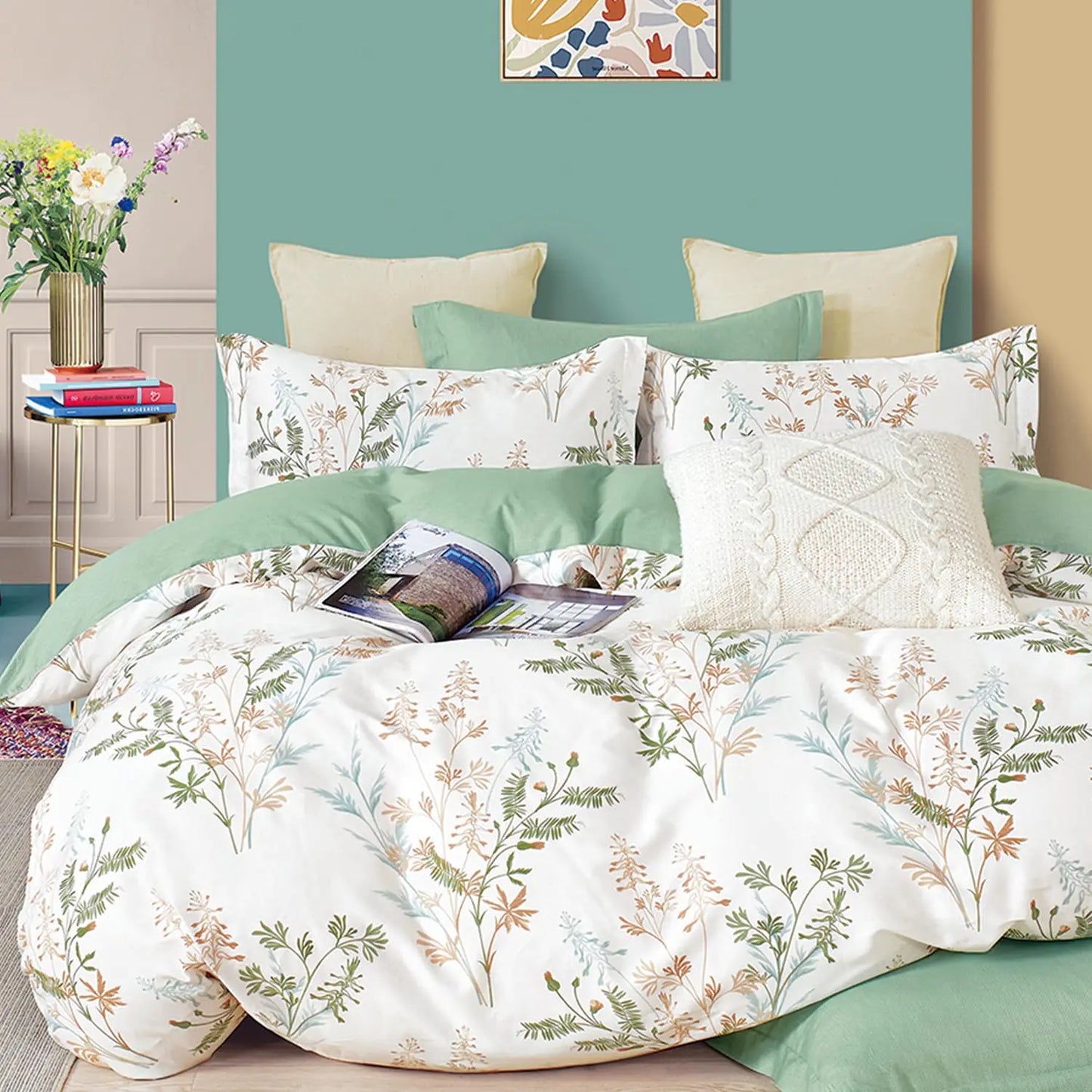 ALEISSEL Natural Cotton 3pcs Botanical Comforter Sets Queen Size