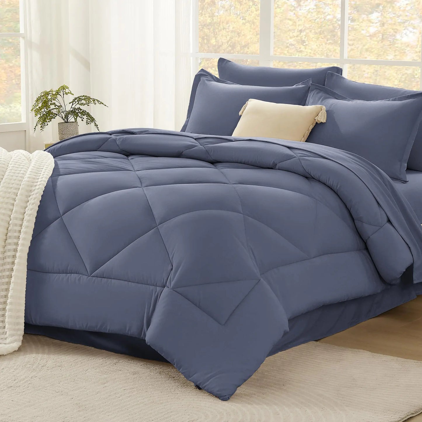 Litanika Dark Blue Grey King Size Comforter Set with Sheets - 7 Pieces