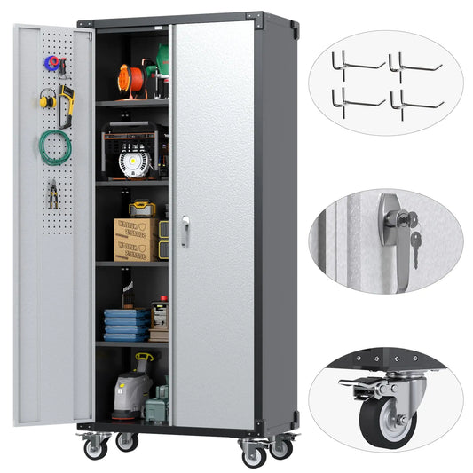 72 Inch Garage Storage Cabinet With Pegboard And Wheels