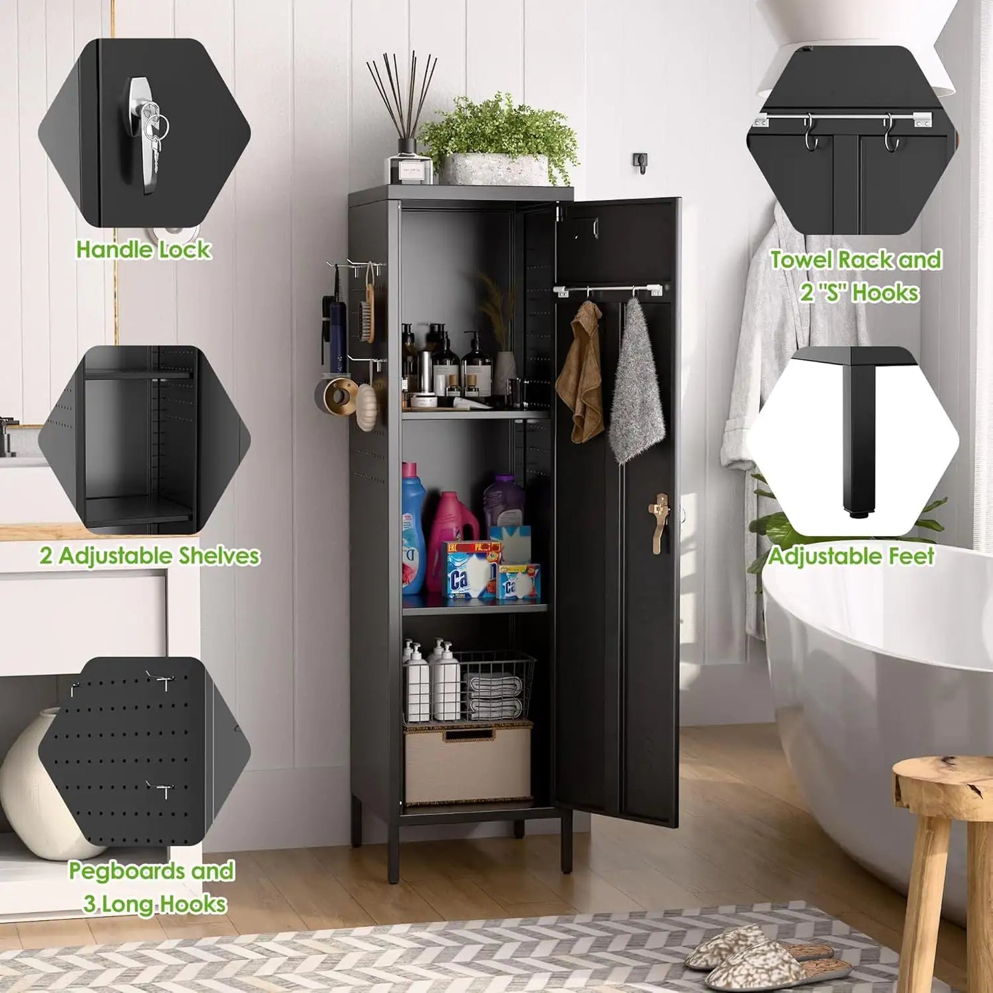 Metal Lockers With Handle, Metal Storage Locker With 2 Pegboard & 5 Hooks