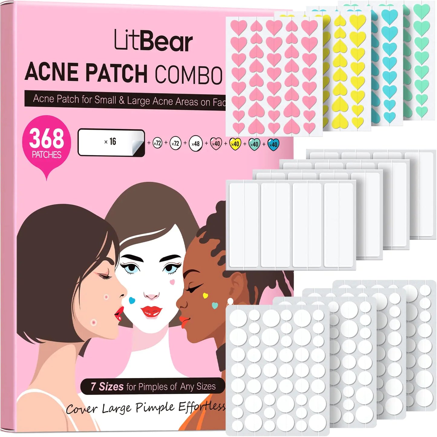 LitBear 3 IN 1 Acne Patch for Face 7 Sizes 368 Patches Hydrocolloid Acne Patches
