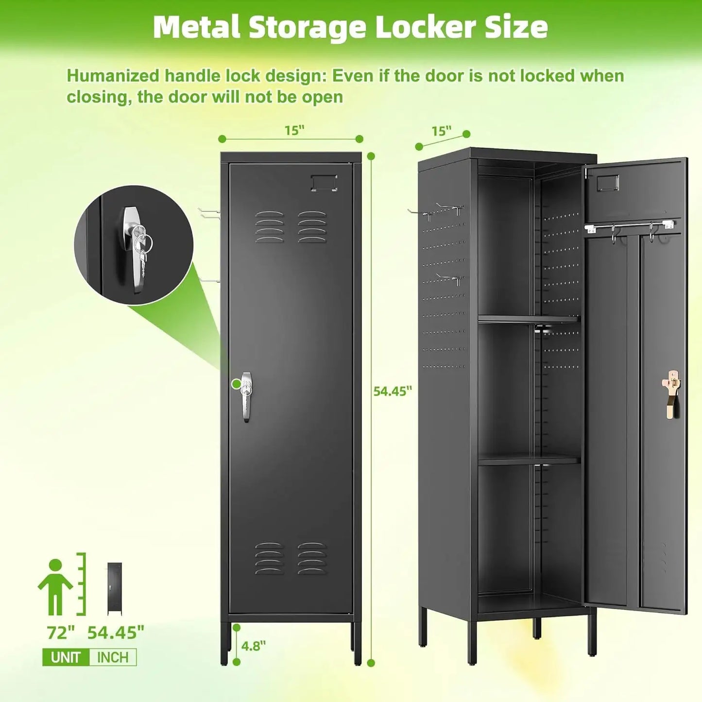 Metal Lockers With Handle, Metal Storage Locker With 2 Pegboard & 5 Hooks
