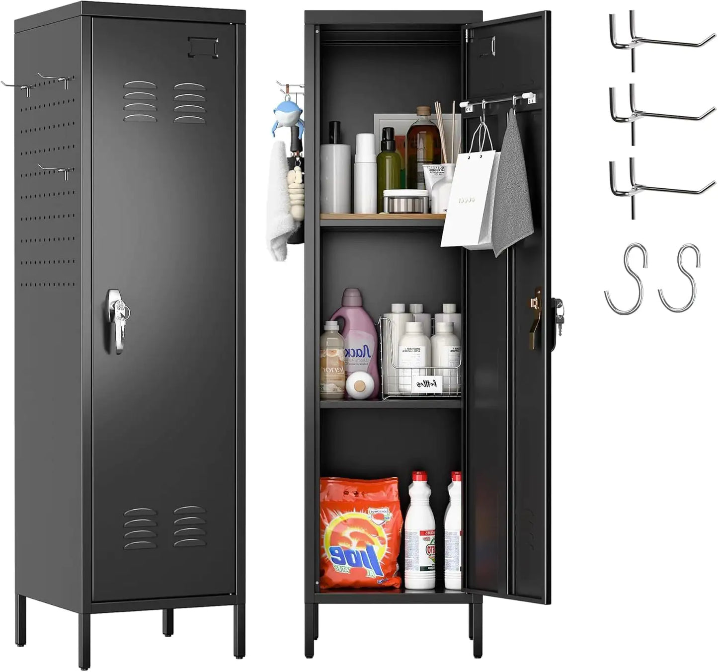 Metal Lockers With Handle, Metal Storage Locker With 2 Pegboard & 5 Hooks