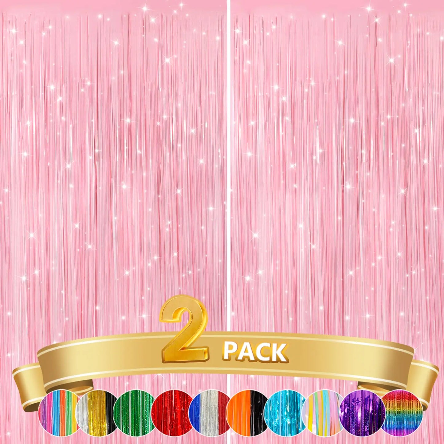 2 Pack Pastel Pink Metallic Tinsel Foil Fringe Curtains