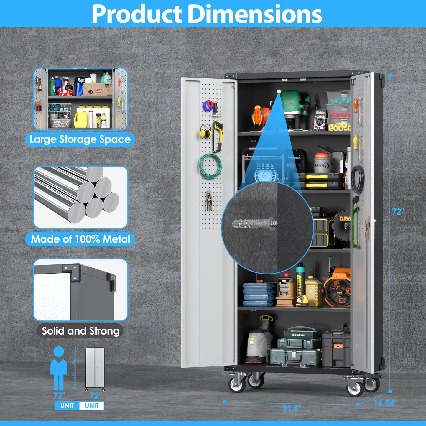 72 Inch Garage Storage Cabinet With Pegboard And Wheels
