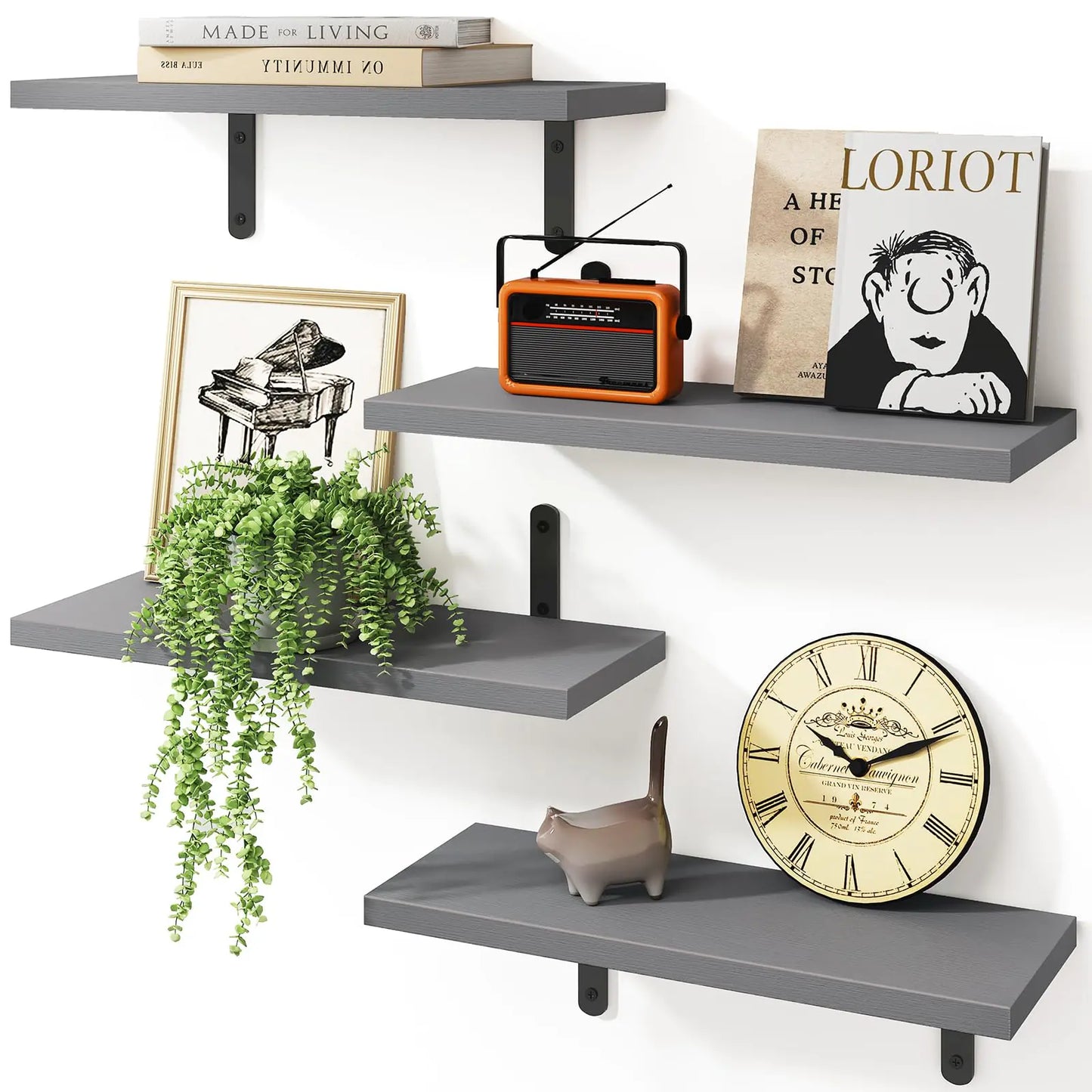 Fixwal Grey Floating Wood Shelves for Wall 4 Sets