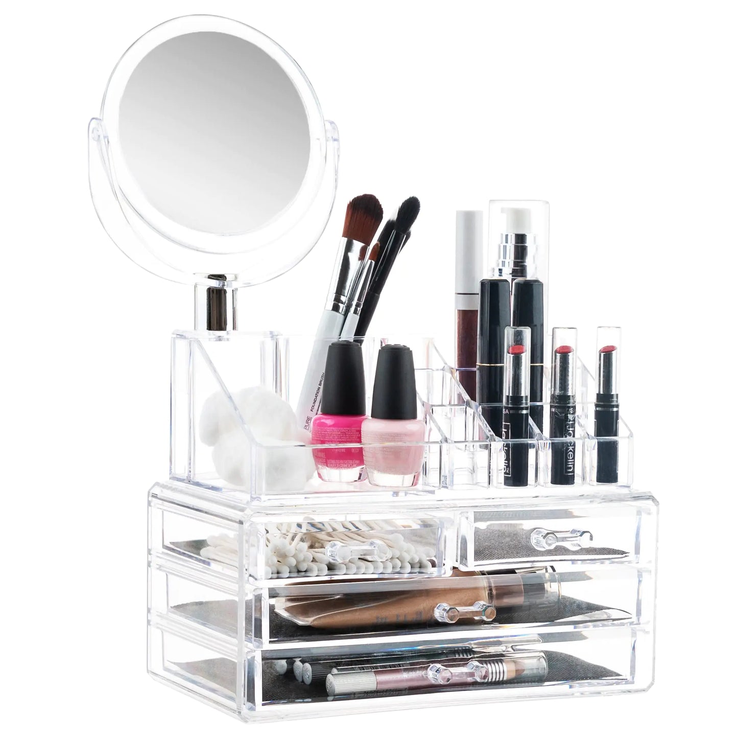 Masirs Clear Makeup Organizer with Mirror – 16-Compartment
