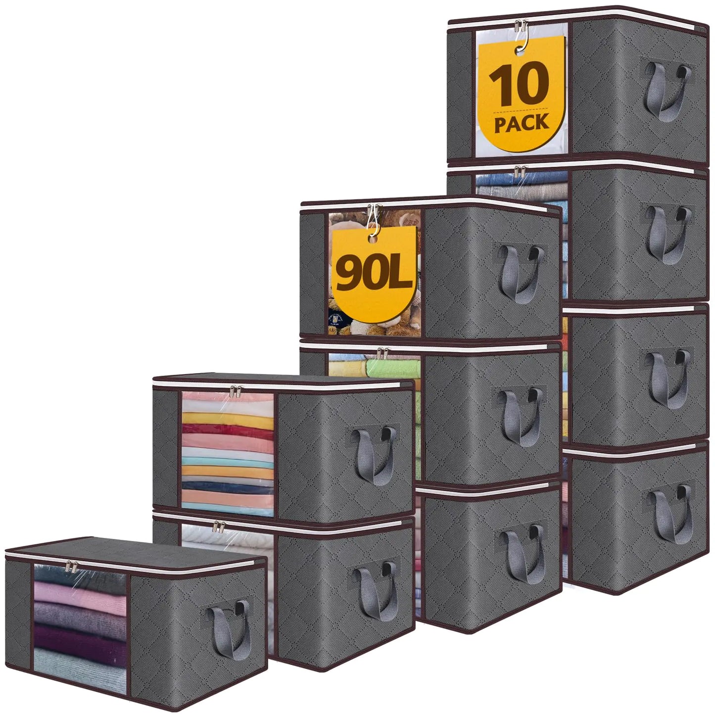 90L Large Storage Bags10 Pack Foldable Clothes Storage Bins with Zipper and Lids