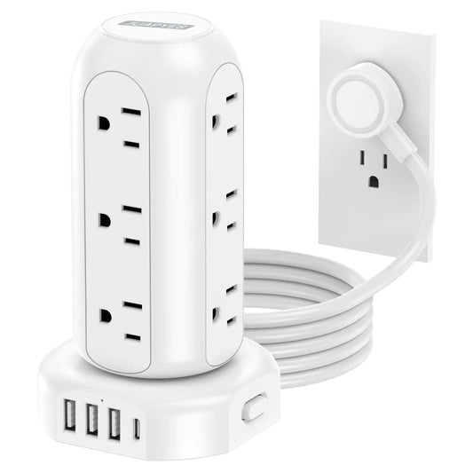 Power Strip Tower PD 20W 12 Outlets and 4 USB Ports Flat Plug Surge Protector with (1 USB C PD 20W) 6.5FT (13A)