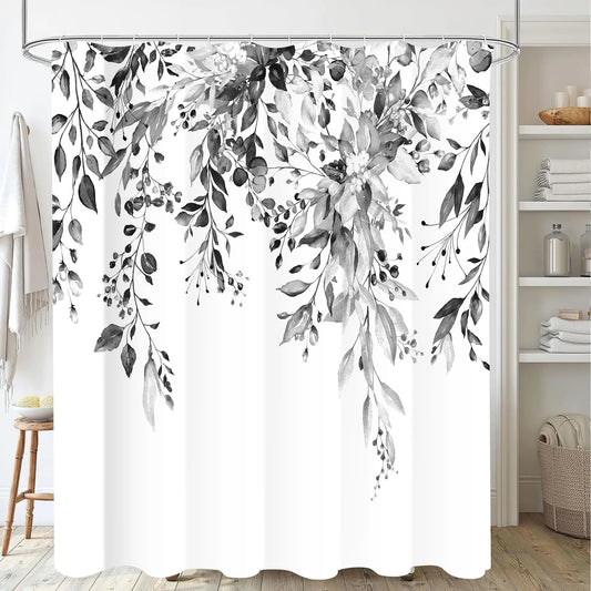 Nuseiis Black White Eucalyptus Leaves Shower Curtains