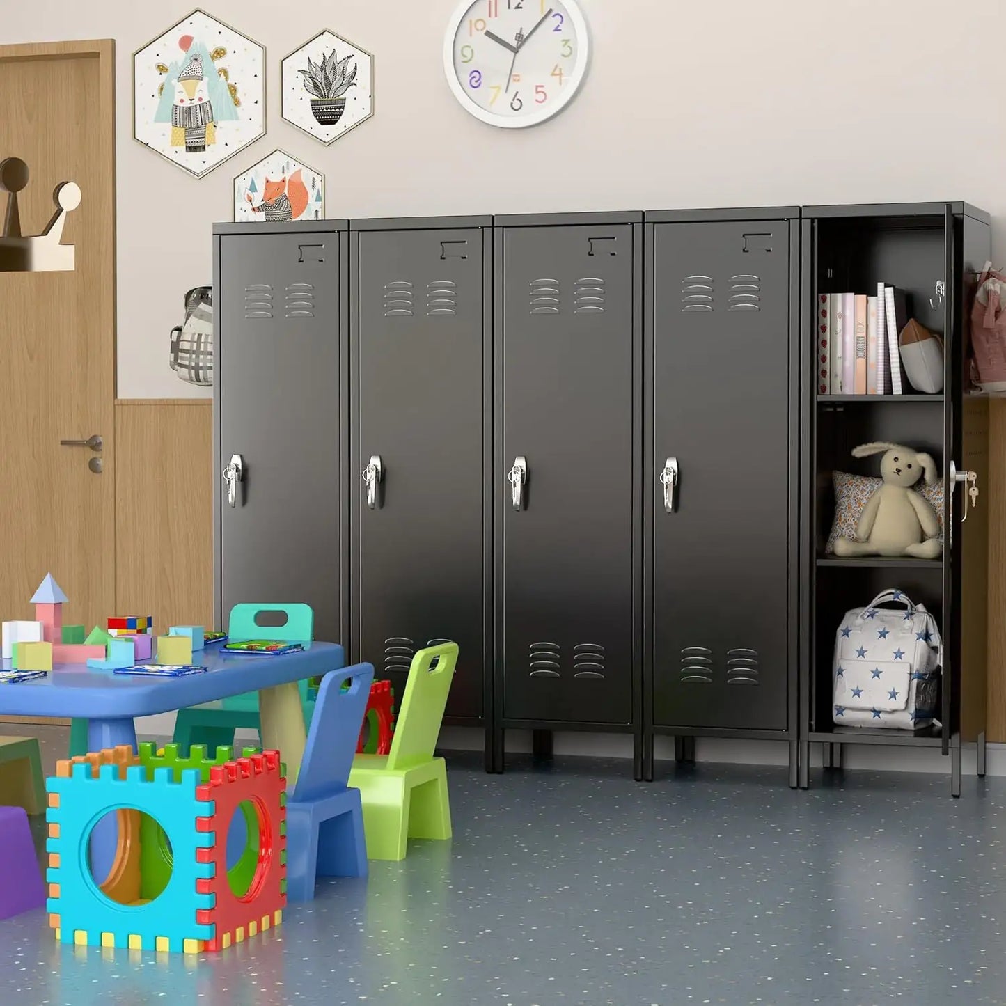 Metal Lockers With Handle, Metal Storage Locker With 2 Pegboard & 5 Hooks