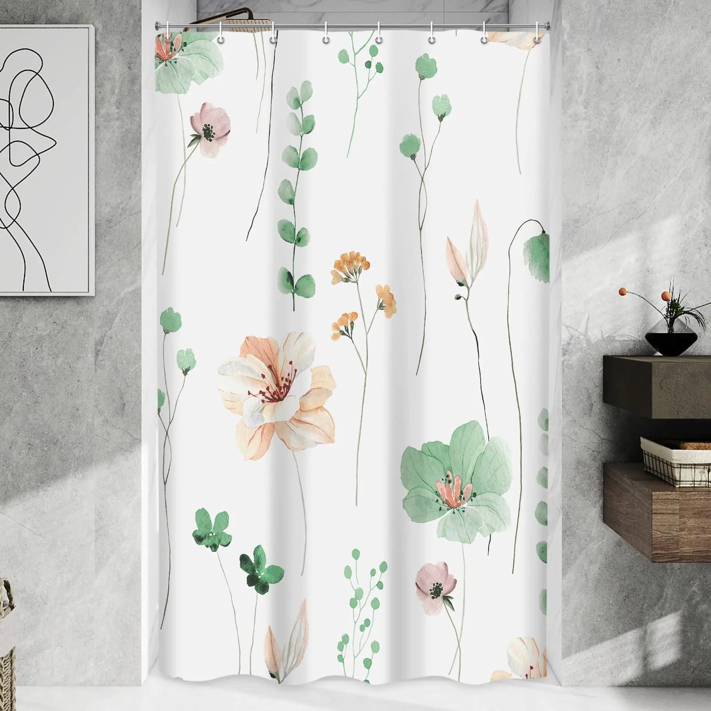 WITHLOC Shower Curtain Watercolor Flower Shower Curtain Set
