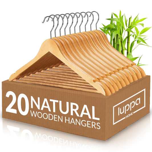 Wooden Hangers 20 Pack - Natural Top Notch Durable & Slim Coat Hanger