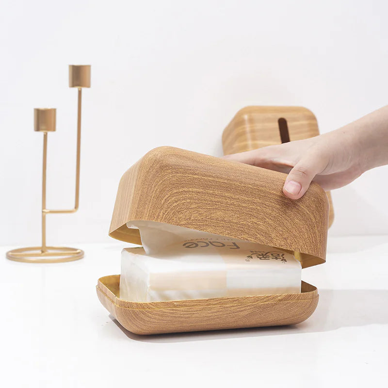 Desktop Tissue Box with Walnut Wood Grain Design