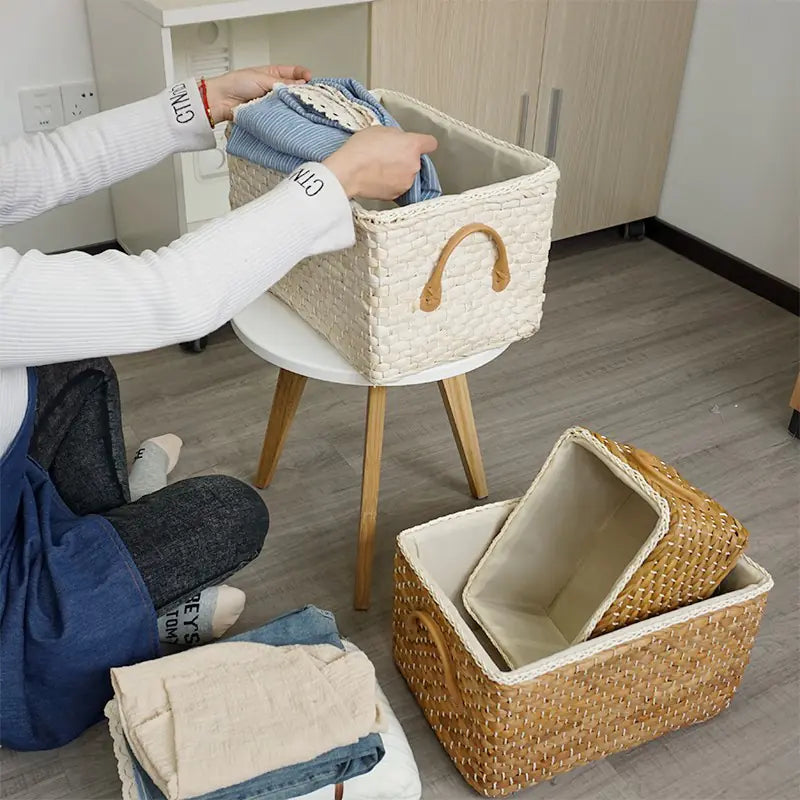 Rectangular Woven Storage Baskets with Handles