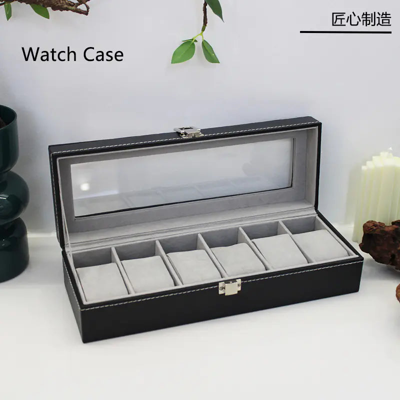 PU Leather 6-Compartment Watch Jewelry Organizer Box